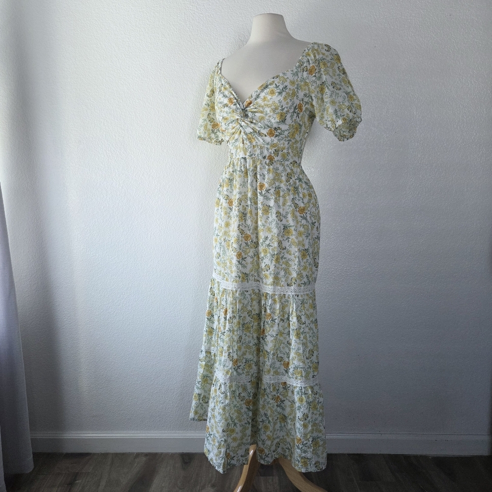 Japna Green Yellow Floral Maxi Dress Lace Detail Women's Medium 100% Cotton - Picture 2 of 4